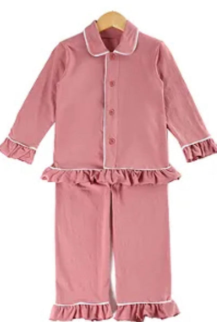 Girls Mauve velour frilled pjs